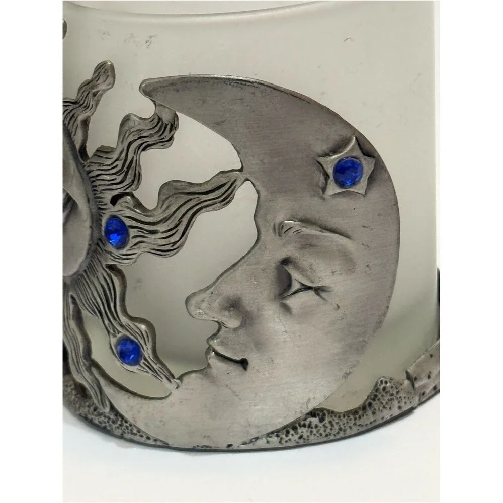 Vintage 90s Pewter Celestial Sun Moon Votive Candle Holder Blue Rhinestones